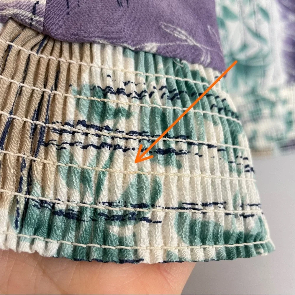 Vintage Blouse Women Abstract Tropical Polo Long Sleeve‎ Collar Shirred Smocked